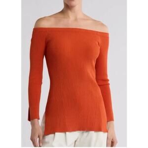 Veronica Beard Vibrant Deep Orange Derick Ribbed Off-Shoulder Pullover sz XS